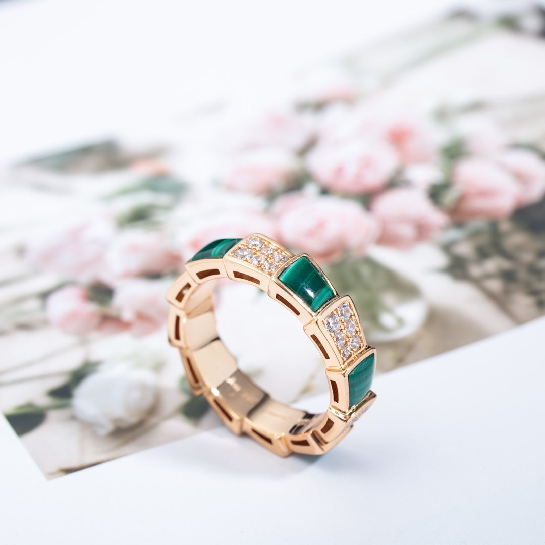 [Eternal Jewelry]SERPENTI RING PINK GOLD MALACHITE DIAMOND PAVED 4MM