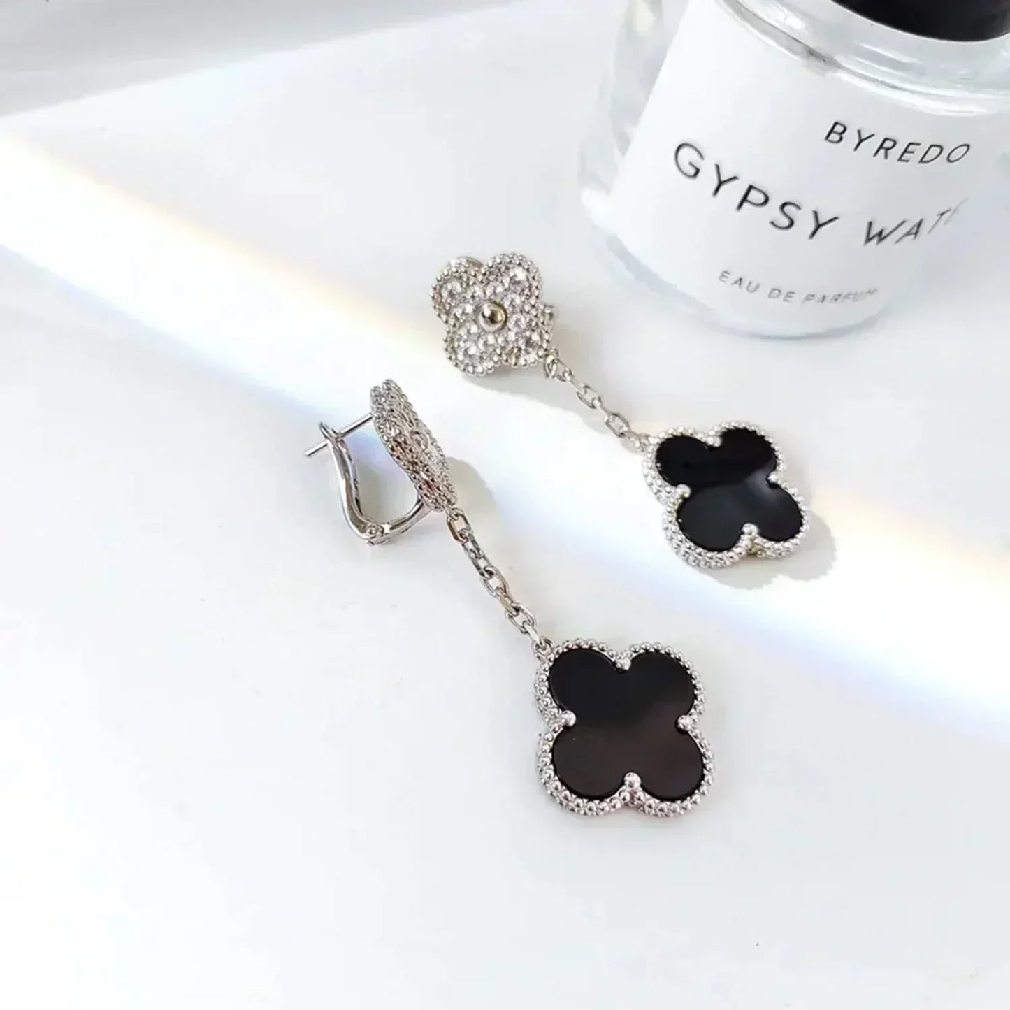 [Eternal Jewelry]CLOVER 2 MOTIFS  DIAMOND ONYX EARRINGS SILVER