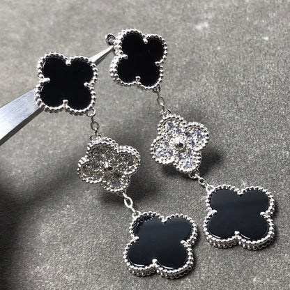 [Eternal Jewelry]CLOVER 3 MOTIF DIAMOND ONYX SILVER EARRINGS