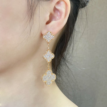 [Eternal Jewelry]CLOVER 3 MOTIFS DIAMOND PAVED ROSE GOLD EARRINGS