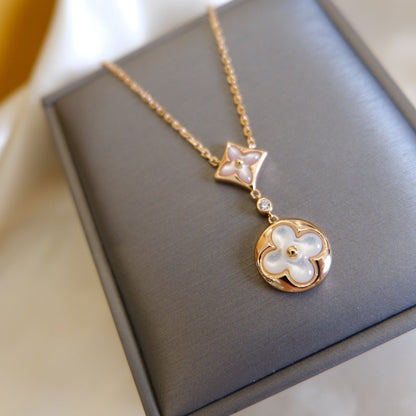 [Eternal Jewelry]STAR AND SUN WHITE MOP 2 MOTIF PINK GOLD NECKLACE