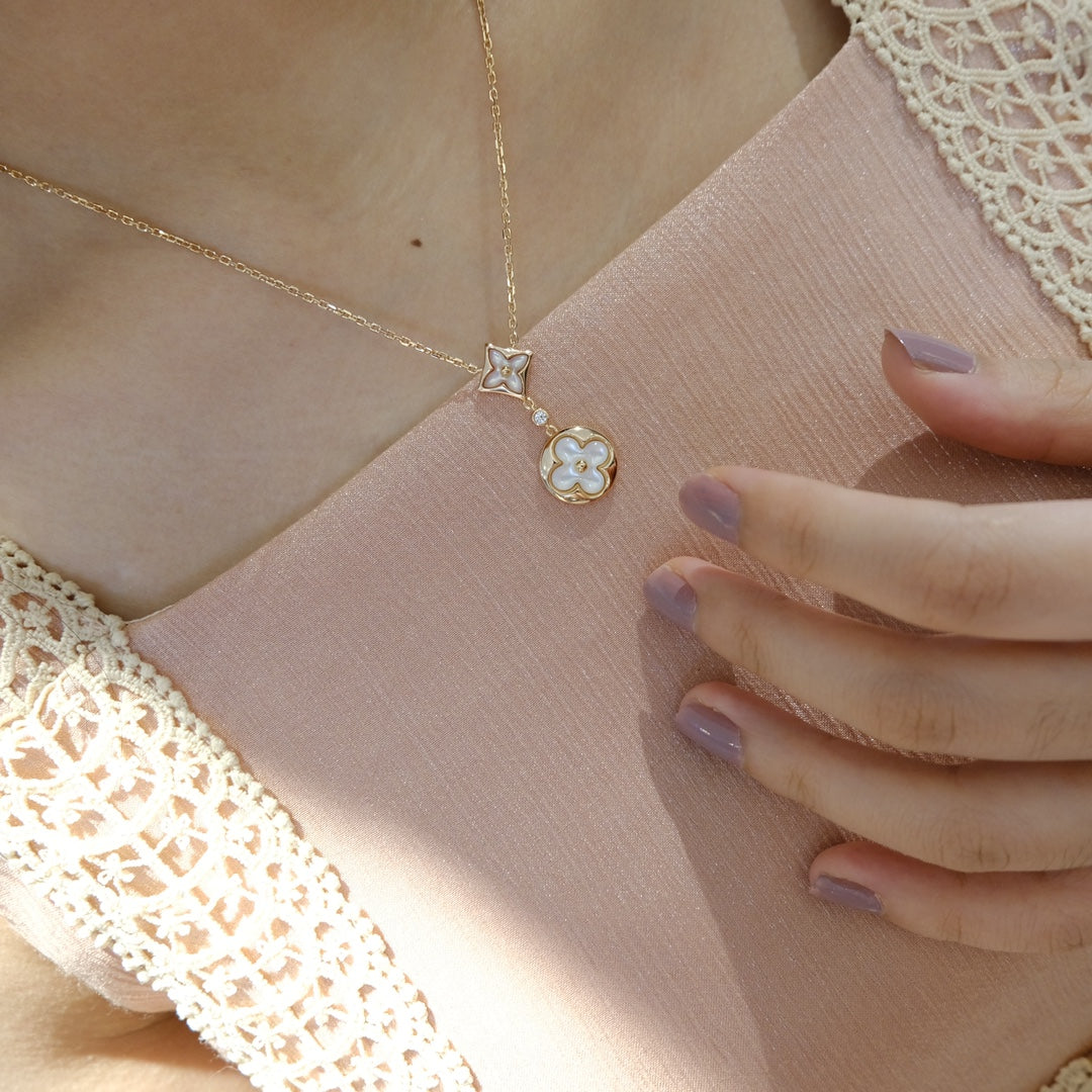 [Eternal Jewelry]STAR AND SUN WHITE MOP 2 MOTIF PINK GOLD NECKLACE