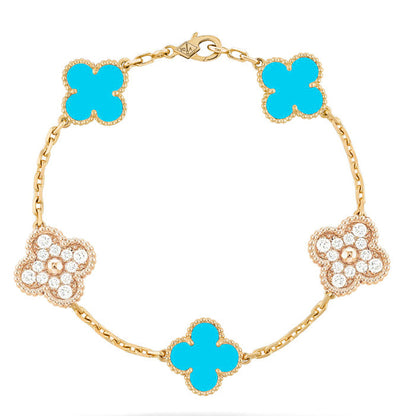 [Eternal Jewelry]CLOVER 5 MOTIF TURQUOISE DIAMOND GOLD BRACELET