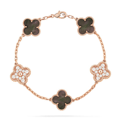 [Eternal Jewelry]CLOVER 5 MOTIFS DARK MOP AND DIAMONDS PINK GOLD BRACELET
