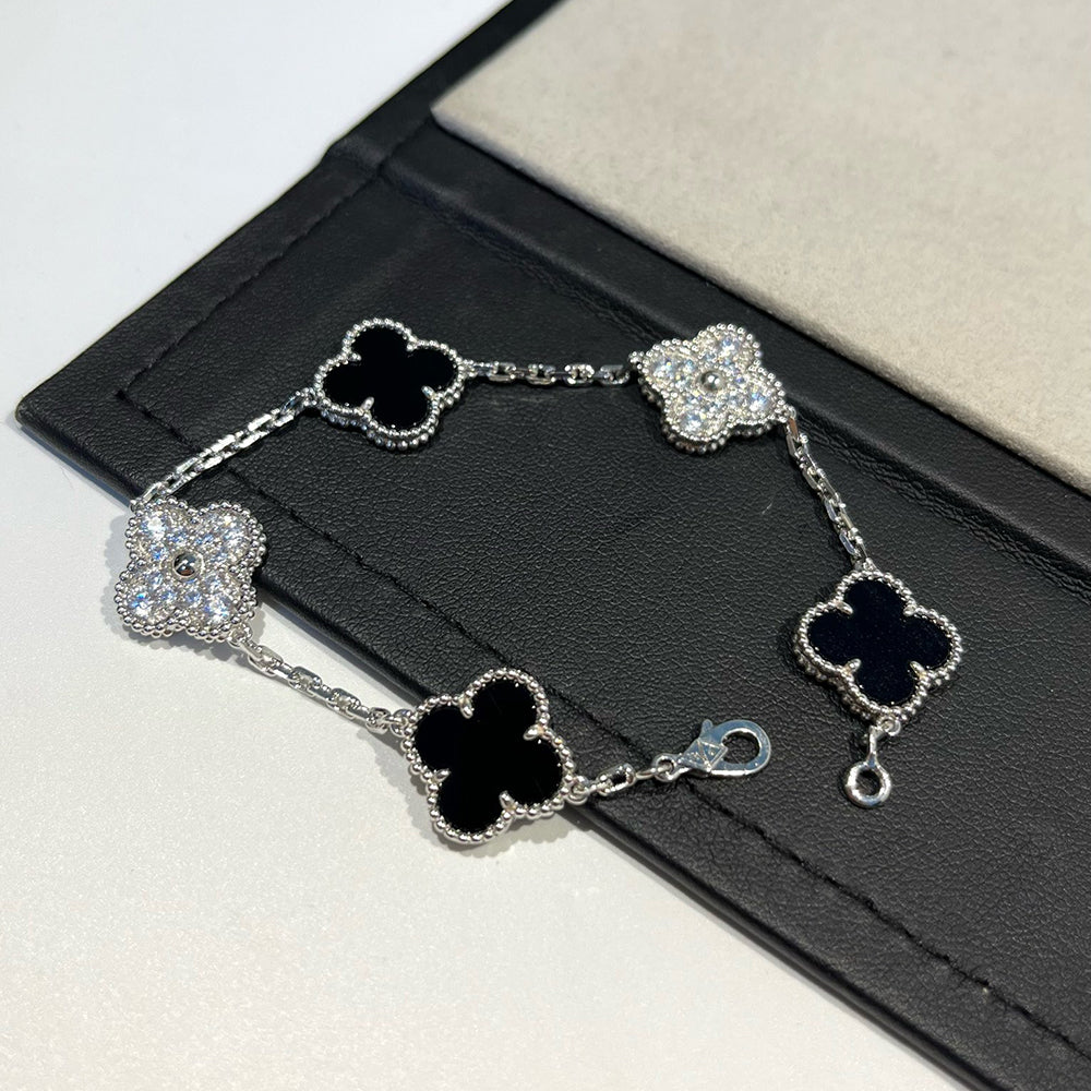 [Eternal Jewelry]CLOVER 5 MOTIF ONYXS DIAMOND BRACELET SILVER