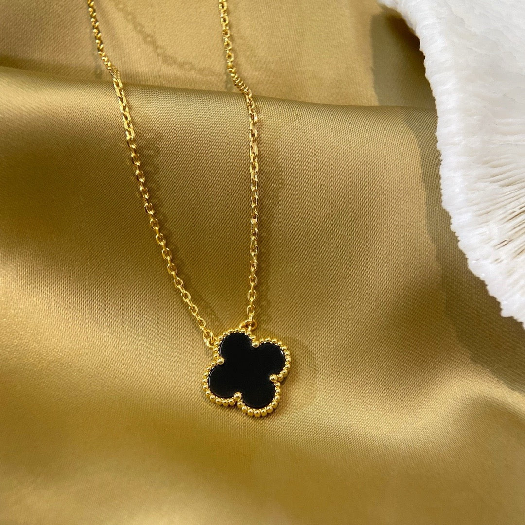 [Eternal Jewelry]CLOVER 15MM BLACK ONYX SINGLE FLOWER NECKLACE