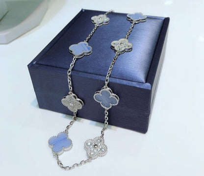 [Eternal Jewelry]CLOVER 10 MOTIFS CHALCEDONY DIAMONDS SILVER NECKLACE